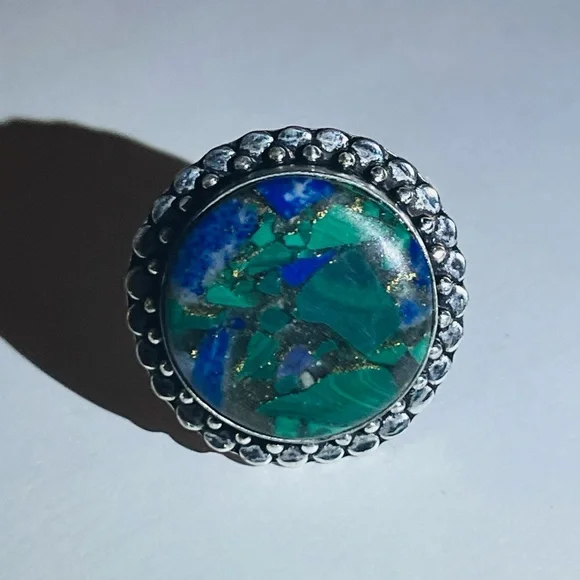 New Artisan Blue Green Natural Azurite Stone 925 Sterling Silver Circle Ring - Picture 8 of 15